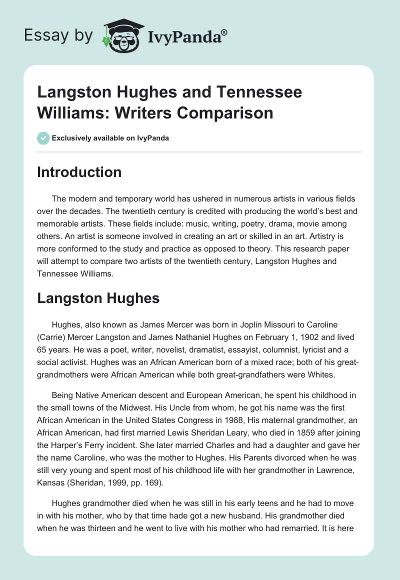 Langston Hughes and Tennessee Williams: Writers Comparison. Page 1