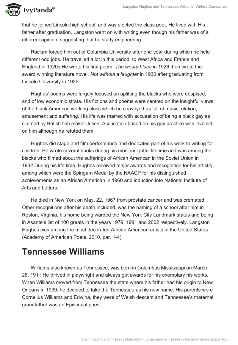 Langston Hughes and Tennessee Williams: Writers Comparison. Page 2