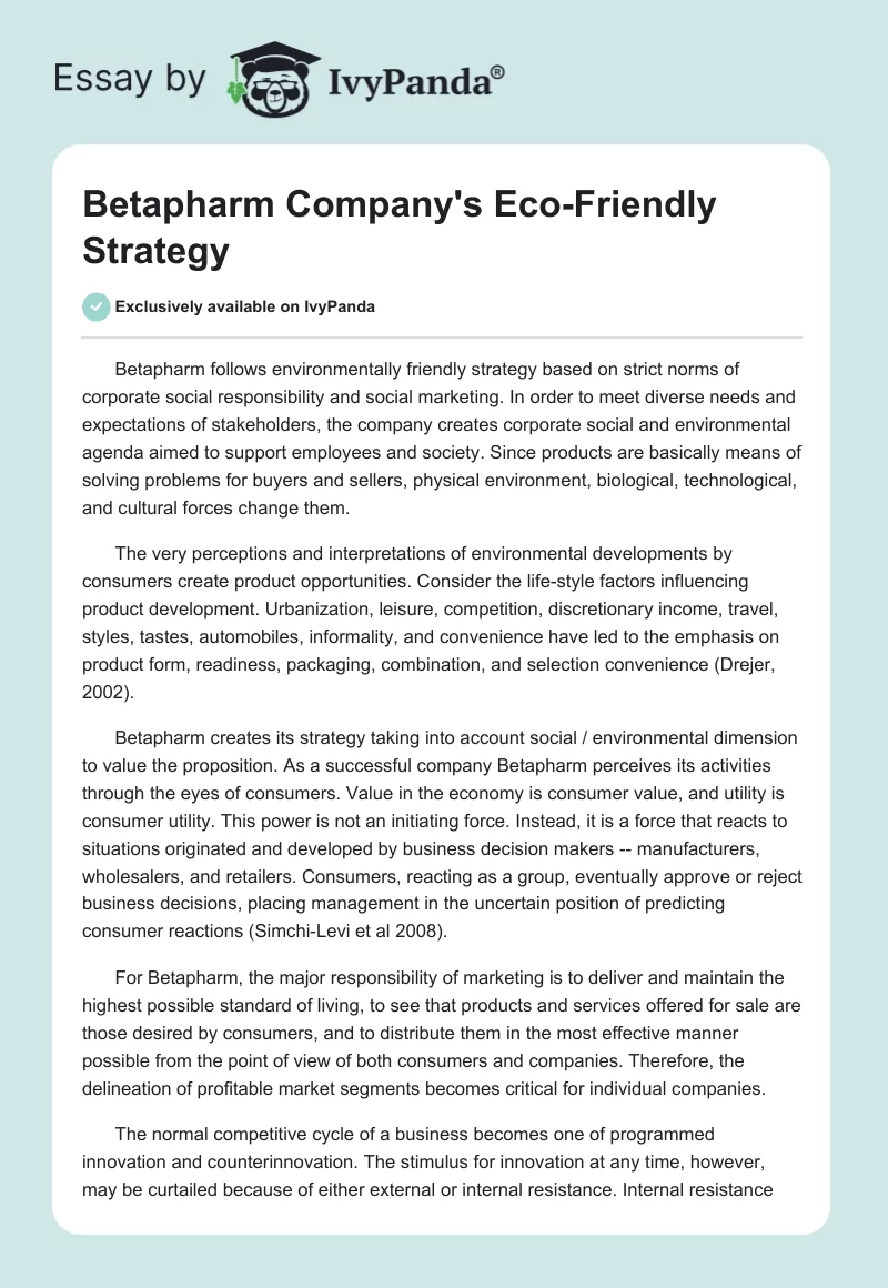 Betapharm Company's Eco-Friendly Strategy. Page 1