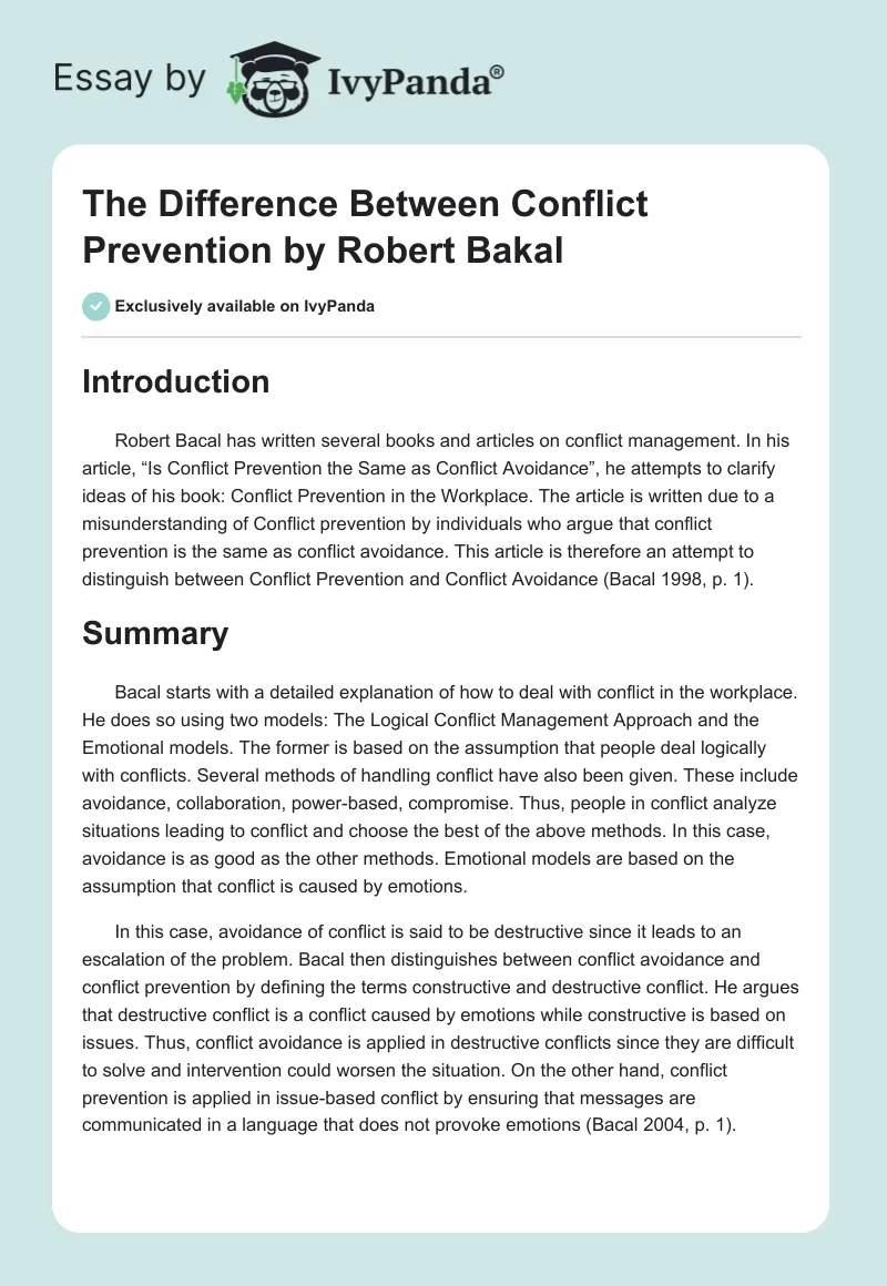 "The Difference Between Conflict Prevention" by Robert Bakal. Page 1
