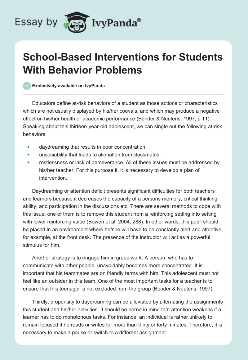 School-Based Interventions for Students With Behavior Problems. Page 1