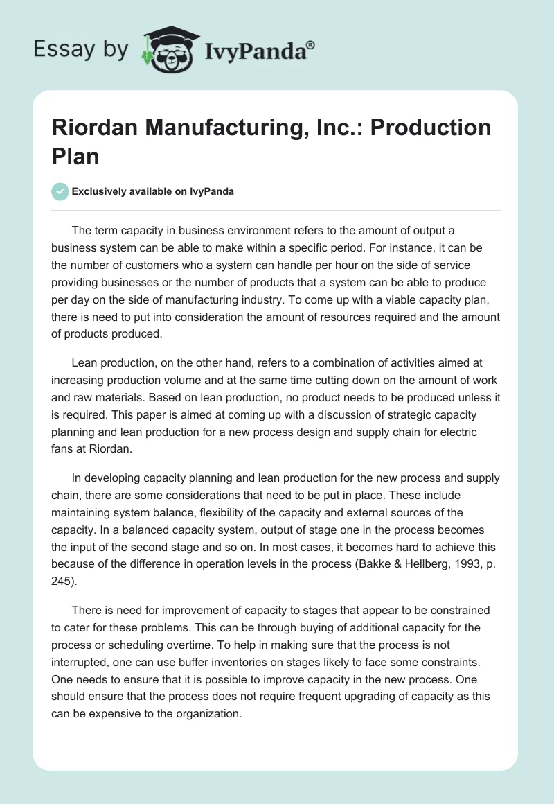 Riordan Manufacturing, Inc.: Production Plan. Page 1