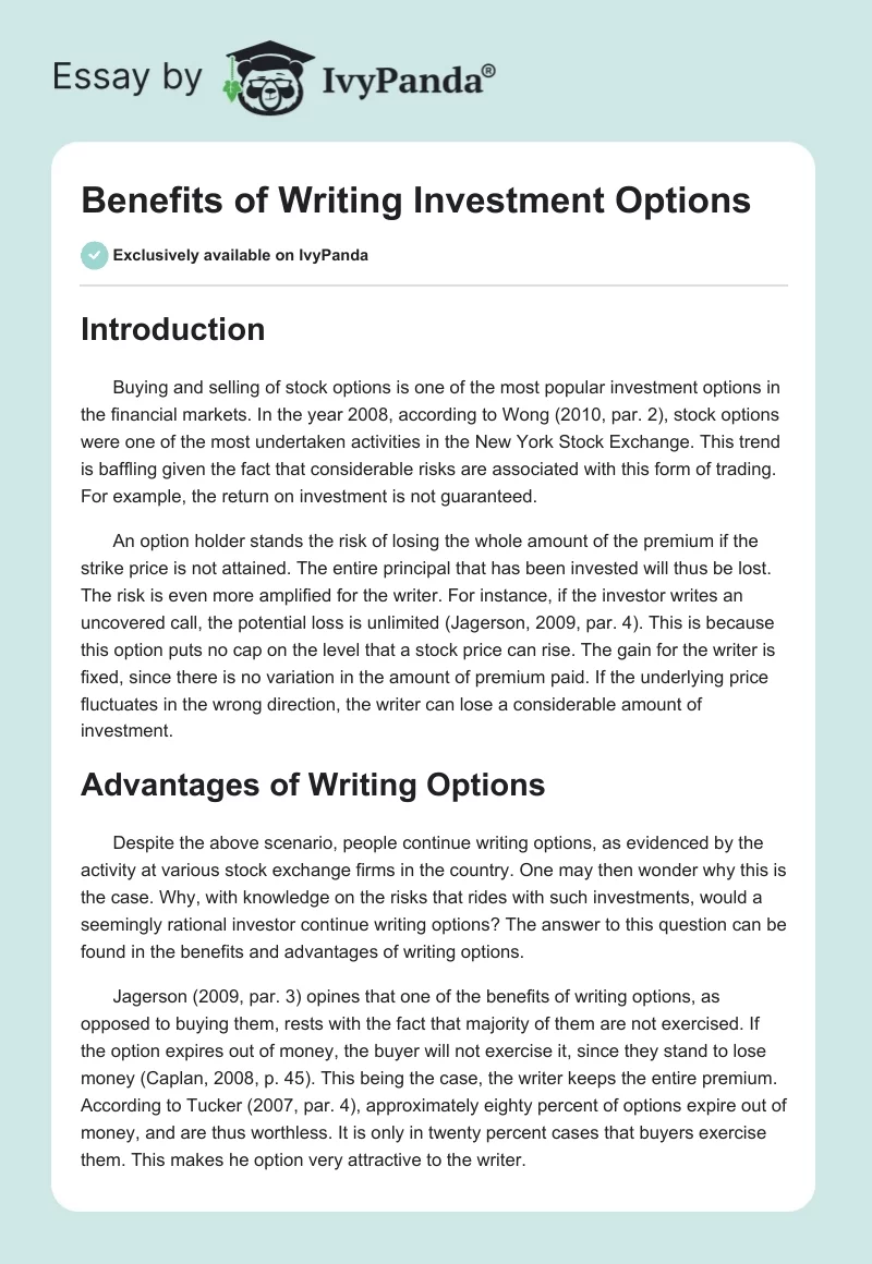 Benefits of Writing Investment Options. Page 1
