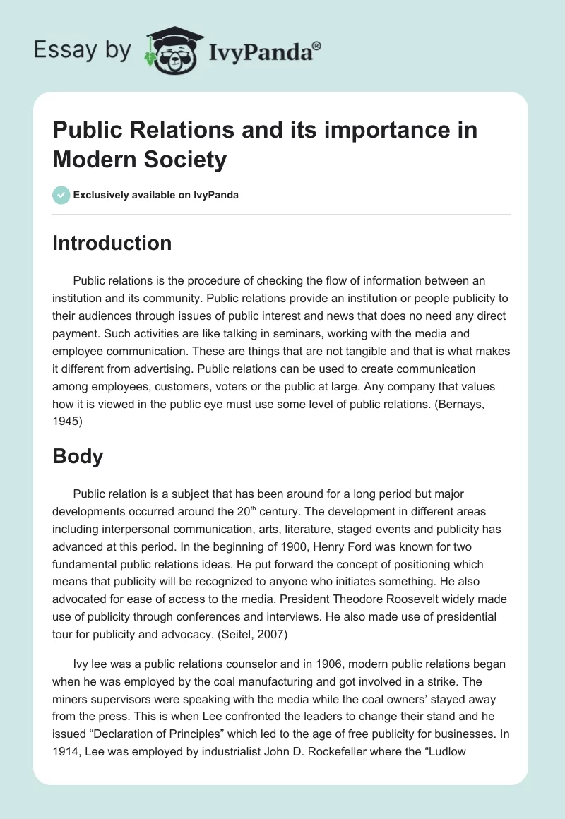 Public Relations and its importance in Modern Society. Page 1
