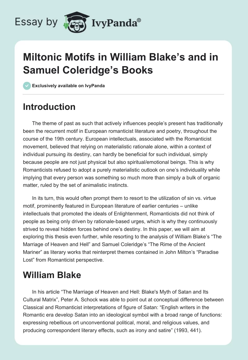 Miltonic Motifs in William Blake’s and in Samuel Coleridge’s Books. Page 1