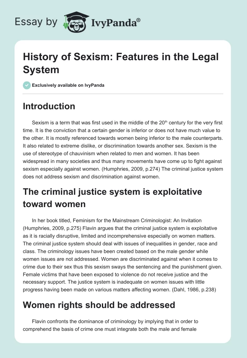 History of Sexism: Features in the Legal System. Page 1