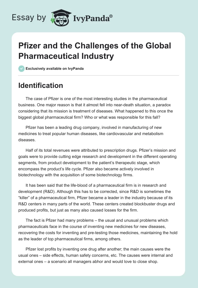Pfizer and the Challenges of the Global Pharmaceutical Industry. Page 1