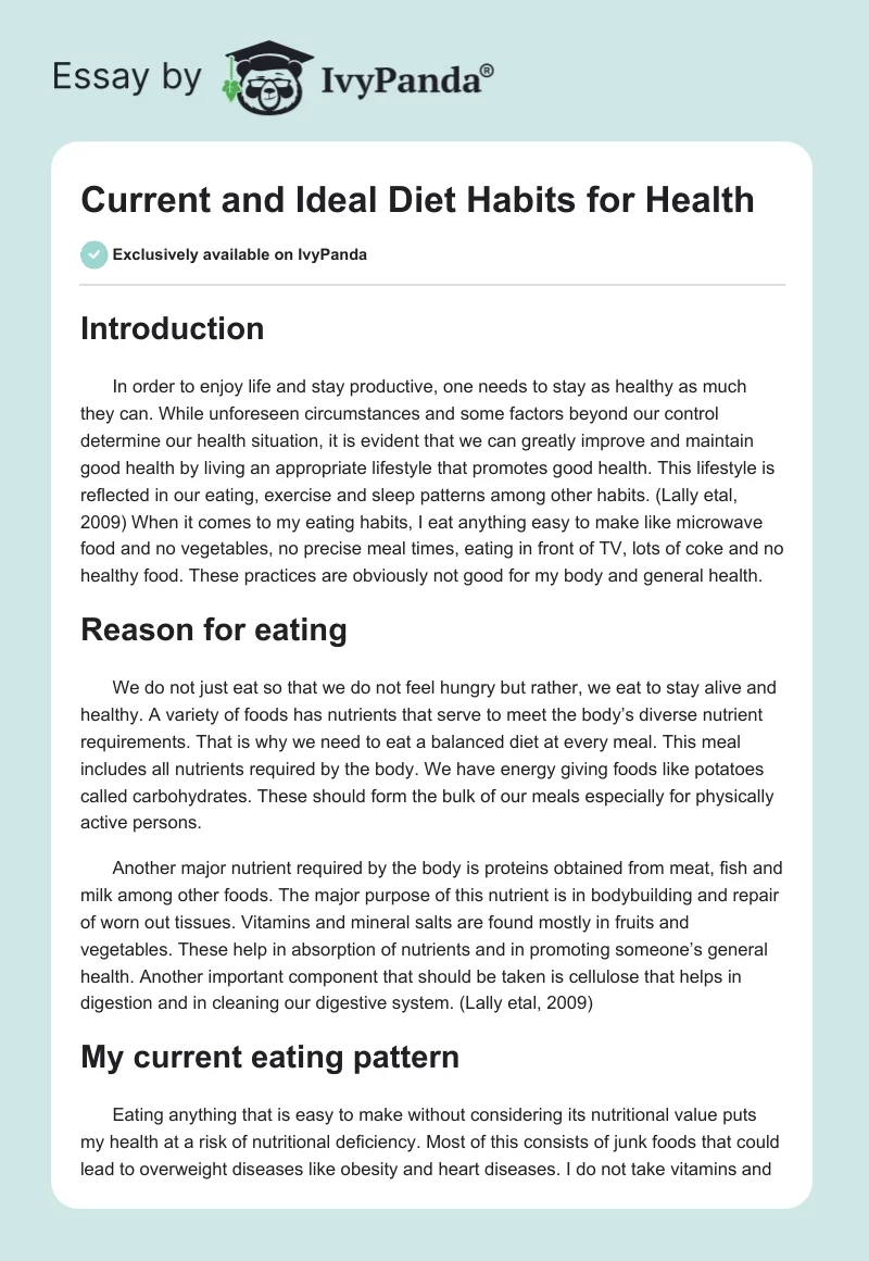 Current and Ideal Diet Habits for Health. Page 1