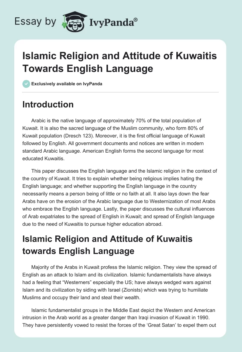 Islamic Religion and Attitude of Kuwaitis Towards English Language. Page 1