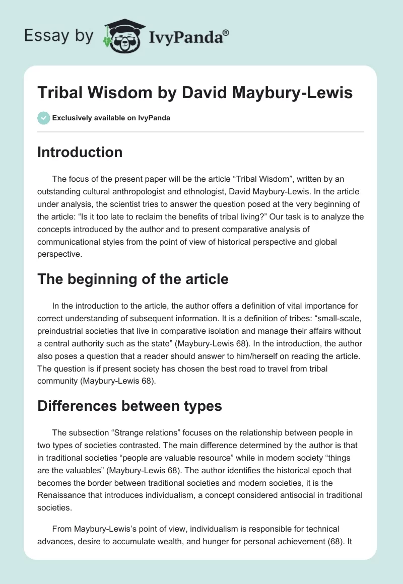 "Tribal Wisdom" by David Maybury-Lewis. Page 1