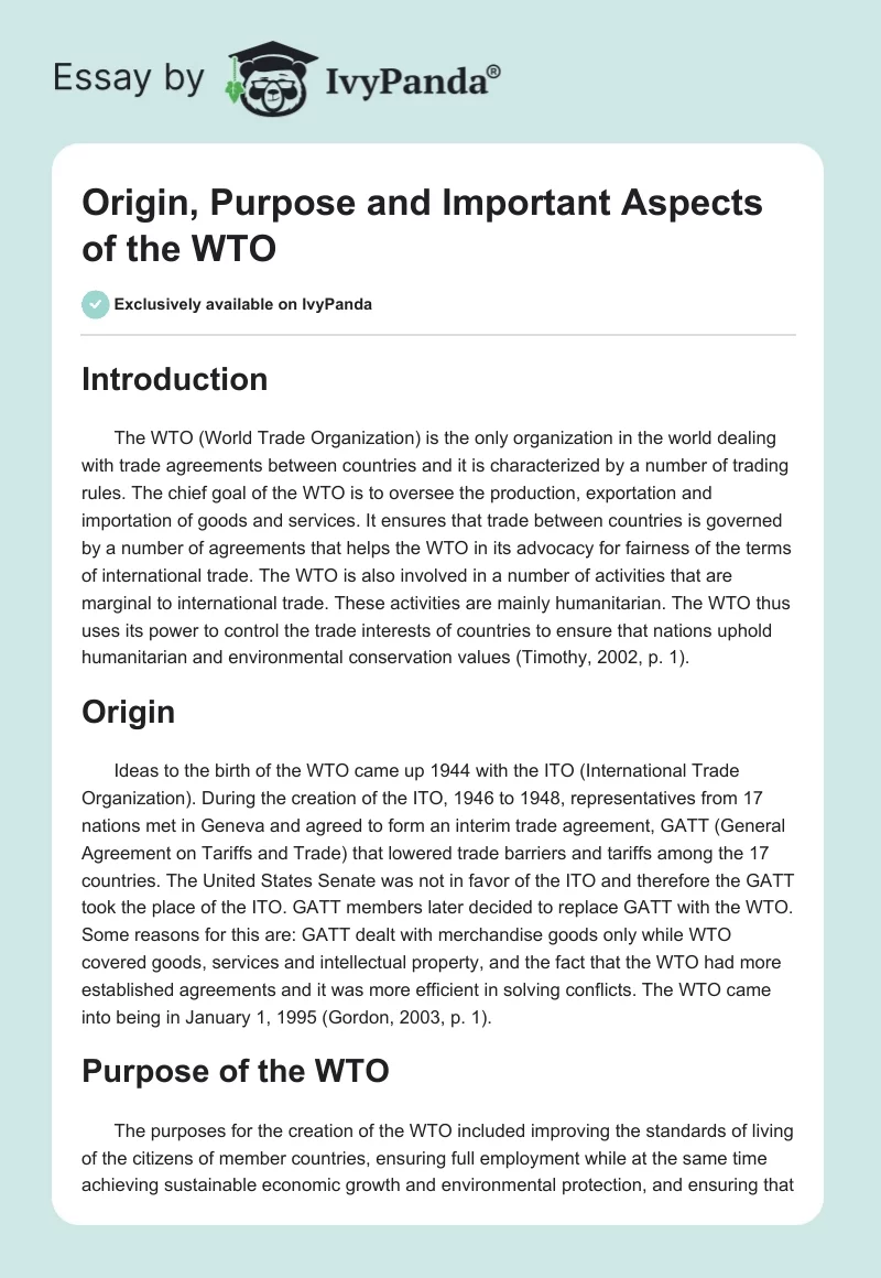 Origin, Purpose and Important Aspects of the WTO. Page 1