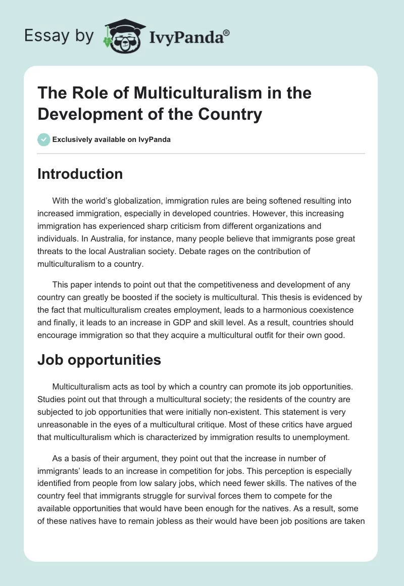 The Role of Multiculturalism in the Development of the Country. Page 1