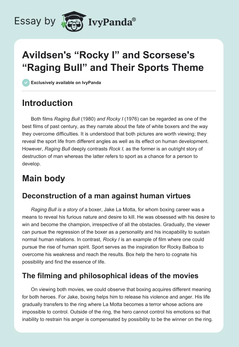 Avildsen's “Rocky I” and Scorsese's “Raging Bull” and Their Sports Theme. Page 1