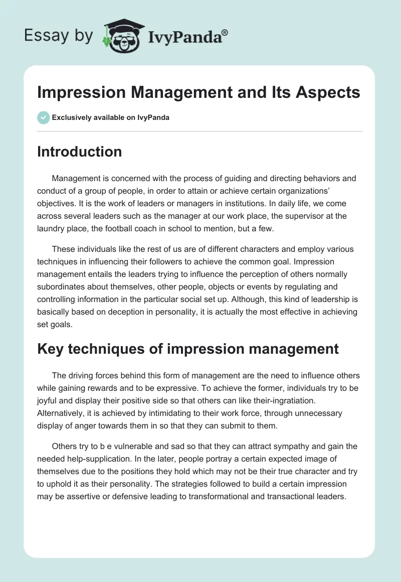 Impression Management and Its Aspects. Page 1