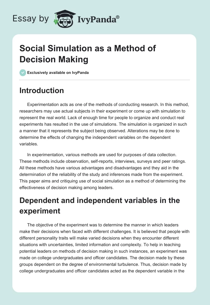 Social Simulation as a Method of Decision Making. Page 1