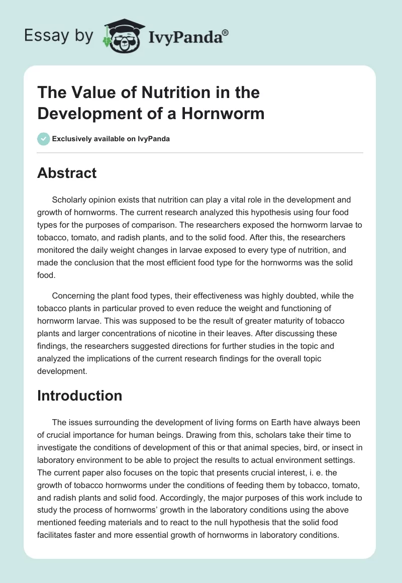 The Value of Nutrition in the Development of a Hornworm. Page 1