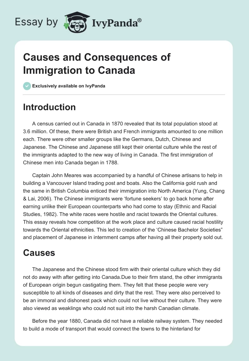 Causes and Consequences of Immigration to Canada. Page 1