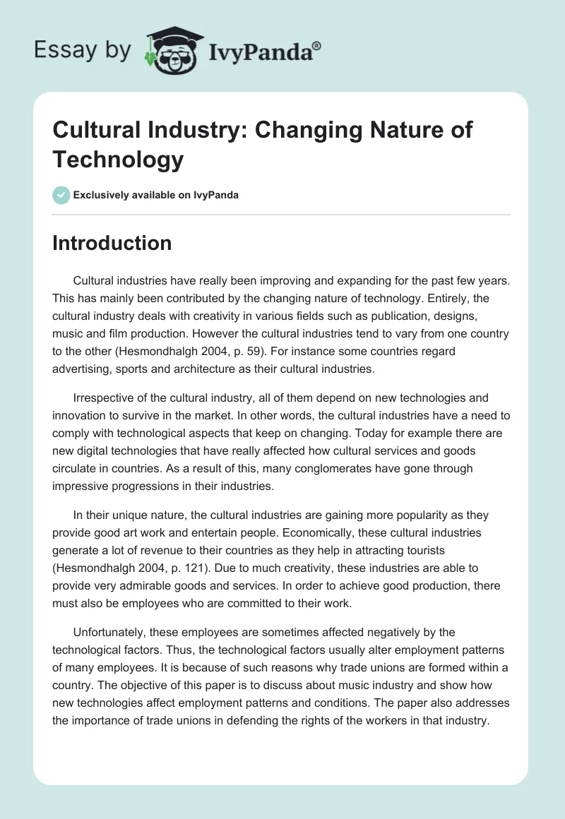 Cultural Industry: Changing Nature of Technology. Page 1