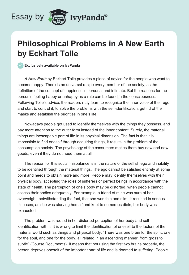 Philosophical Problems in "A New Earth" by Eckhart Tolle. Page 1