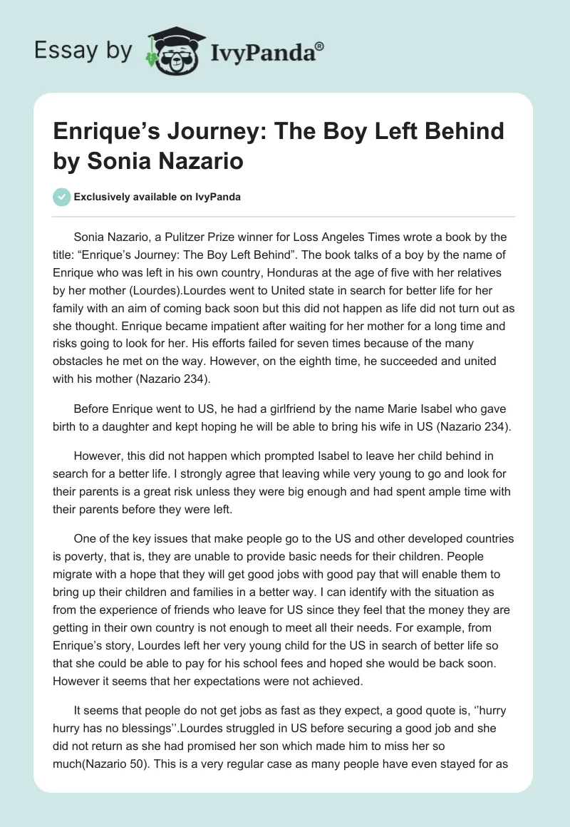 "Enrique’s Journey: The Boy Left Behind" by Sonia Nazario. Page 1