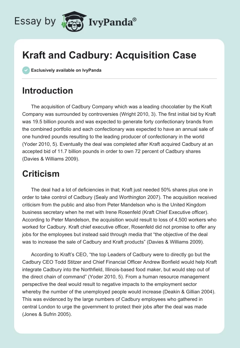 Kraft and Cadbury: Acquisition Case. Page 1