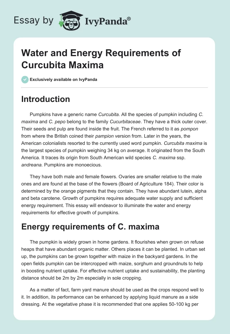 Water and Energy Requirements of Curcubita Maxima. Page 1