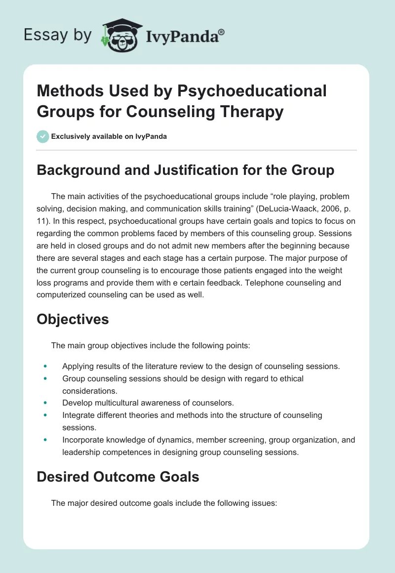 Methods Used by Psychoeducational Groups for Counseling Therapy. Page 1