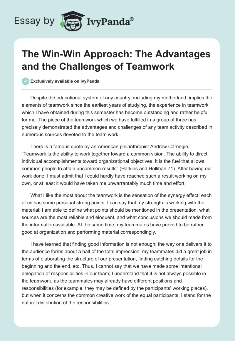 The Win-Win Approach: The Advantages and the Challenges of Teamwork. Page 1