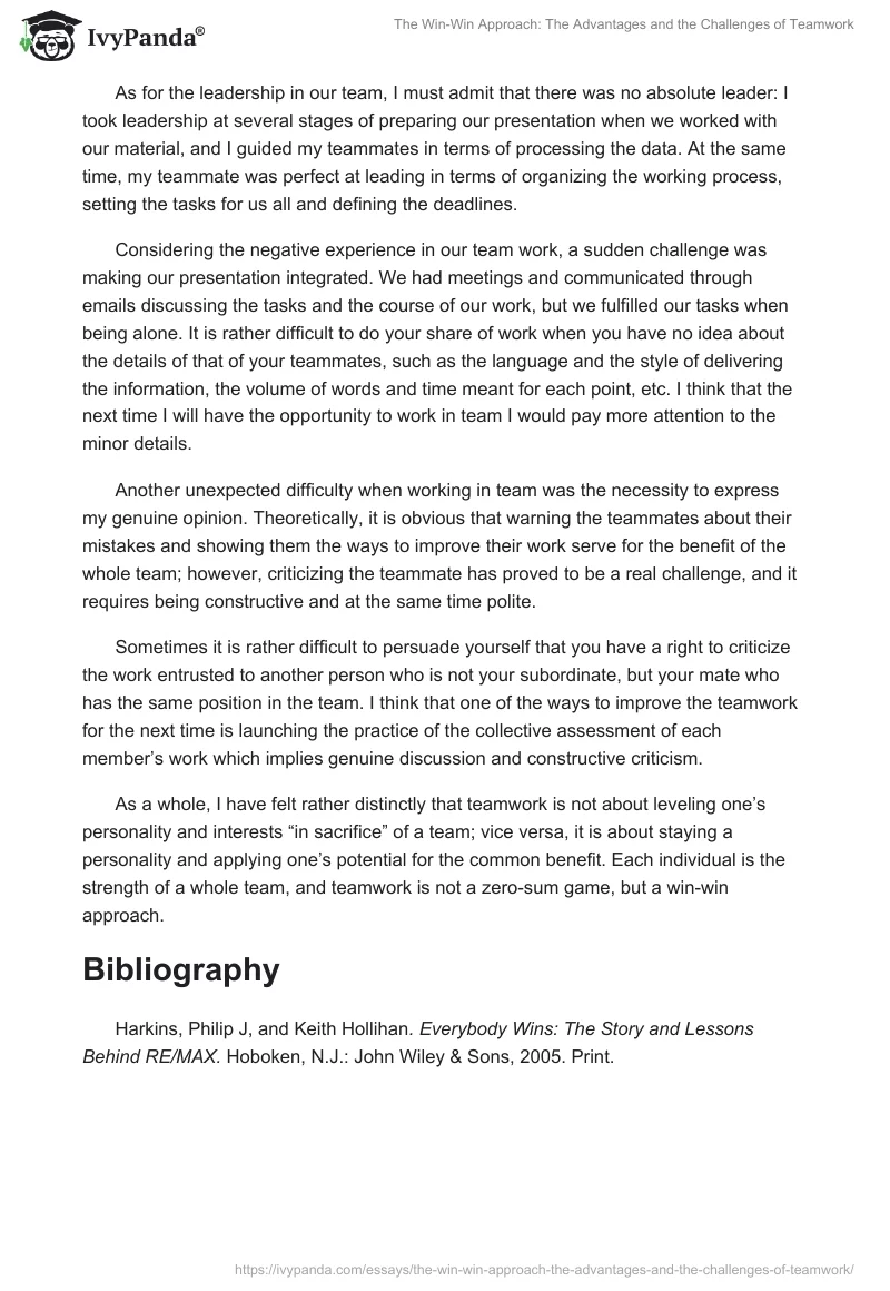The Win-Win Approach: The Advantages and the Challenges of Teamwork. Page 2