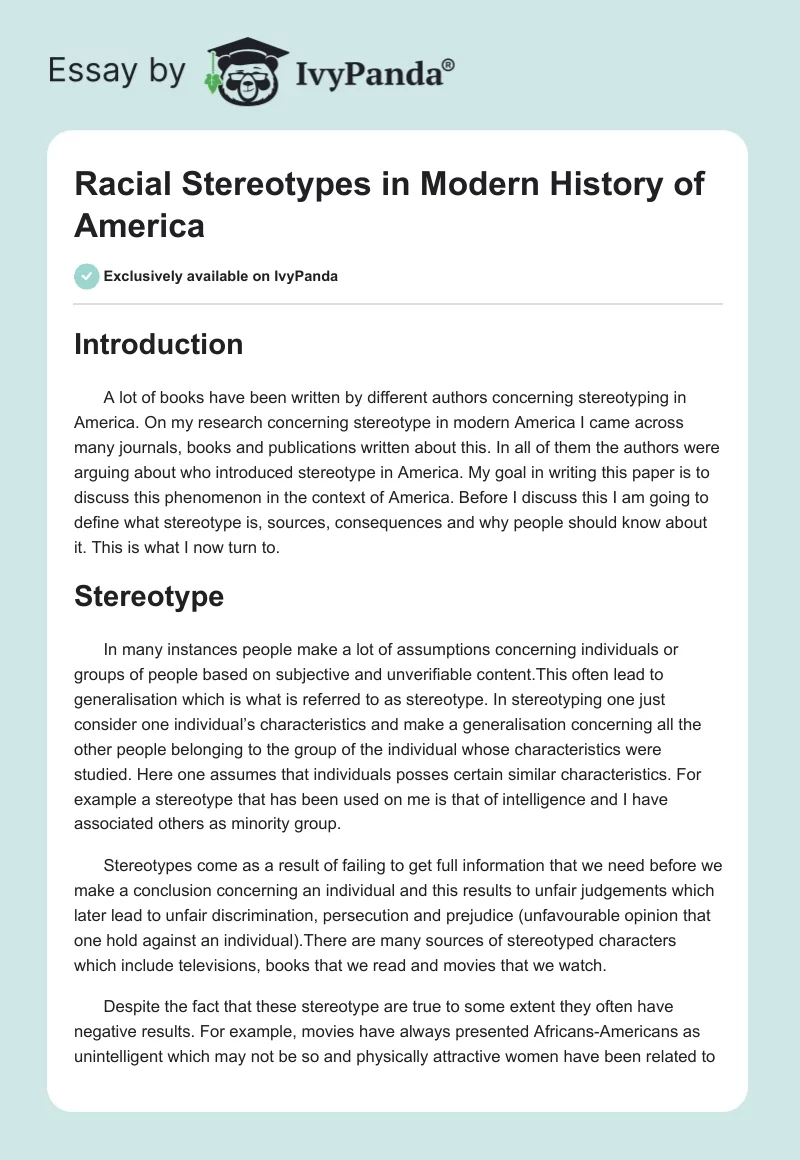 Racial Stereotypes in Modern History of America. Page 1