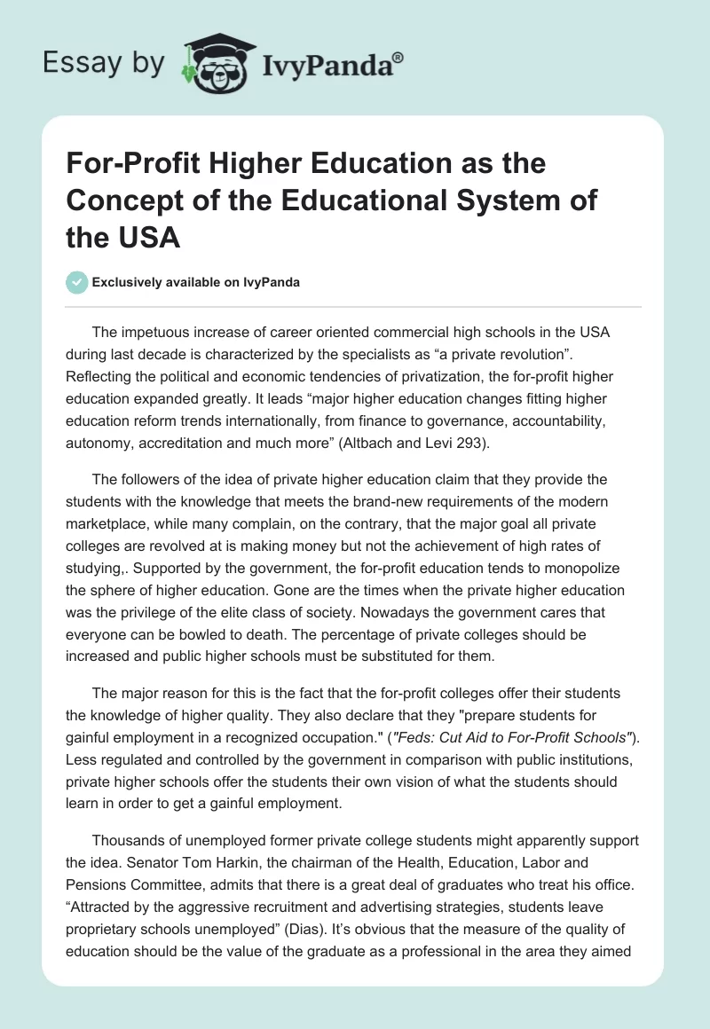 For-Profit Higher Education as the Concept of the Educational System of the USA. Page 1