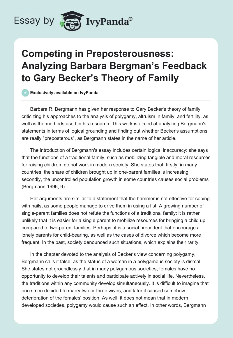 Competing in Preposterousness: Analyzing Barbara Bergman’s Feedback to Gary Becker’s Theory of Family. Page 1