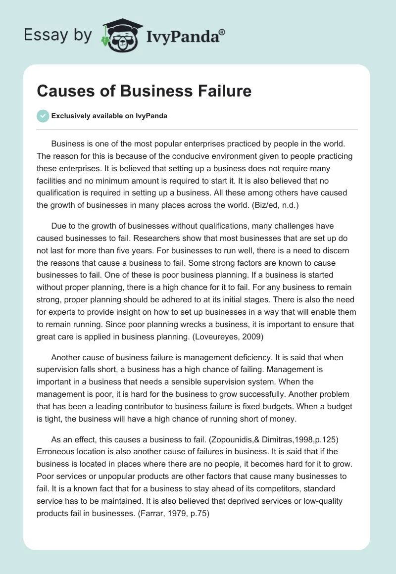 Causes of Business Failure. Page 1