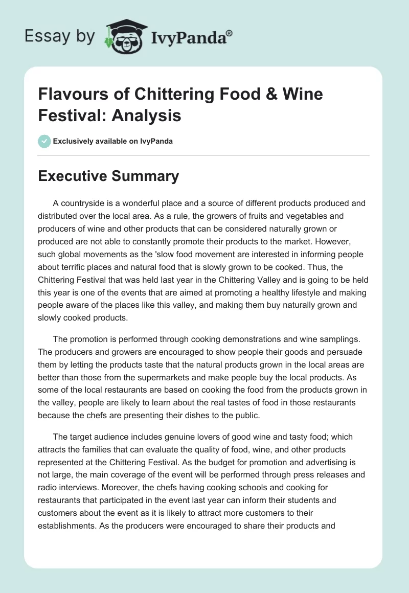 Flavours of Chittering Food & Wine Festival: Analysis. Page 1