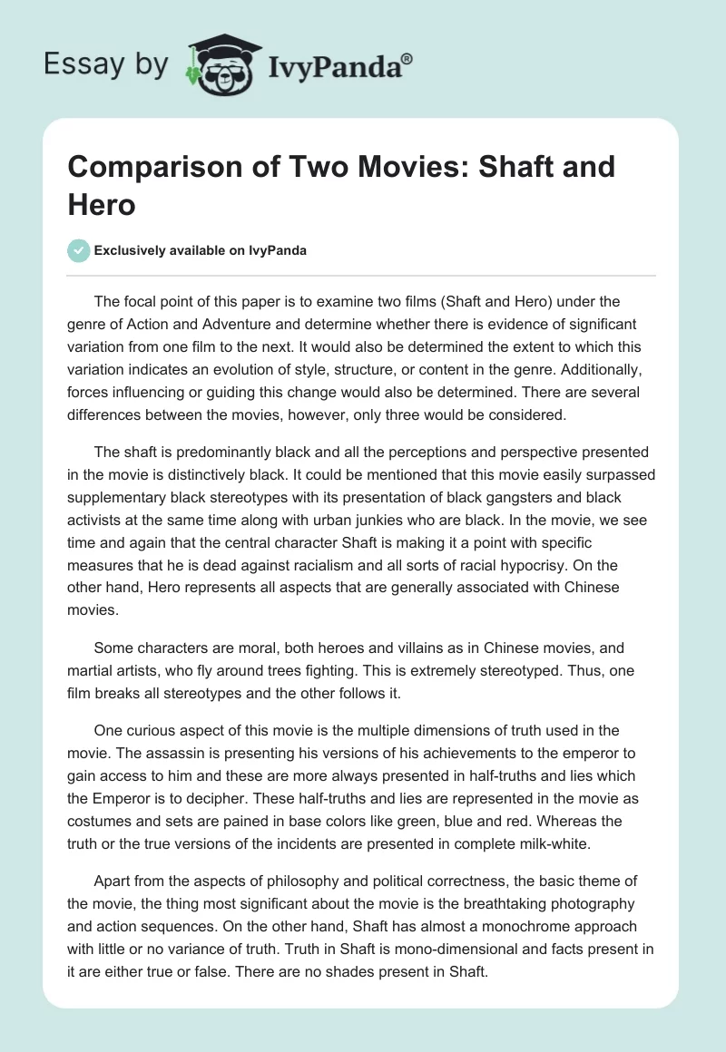 Comparison of Two Movies: Shaft and Hero. Page 1