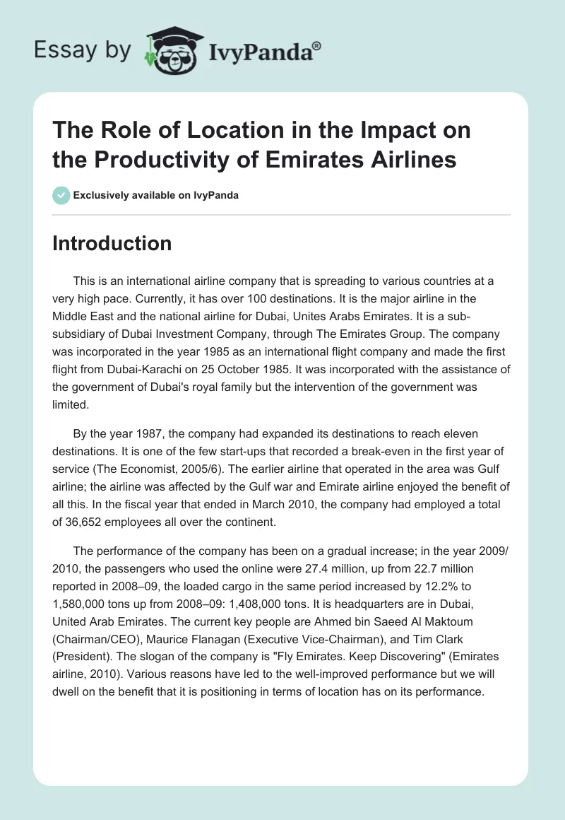 The Role of Location in the Impact on the Productivity of Emirates Airlines. Page 1