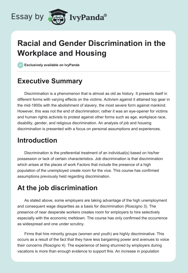 Racial and Gender Discrimination in the Workplace and Housing. Page 1