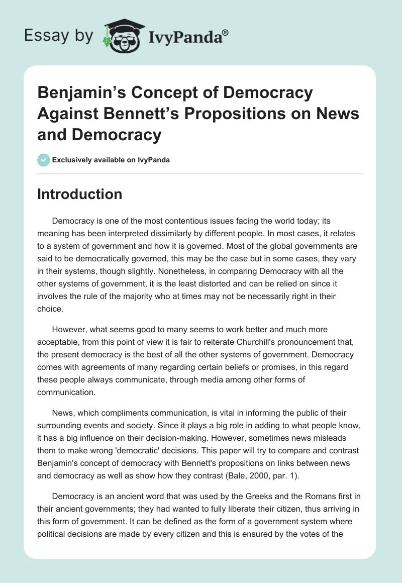 Benjamin’s Concept of Democracy Against Bennett’s Propositions on News and Democracy. Page 1
