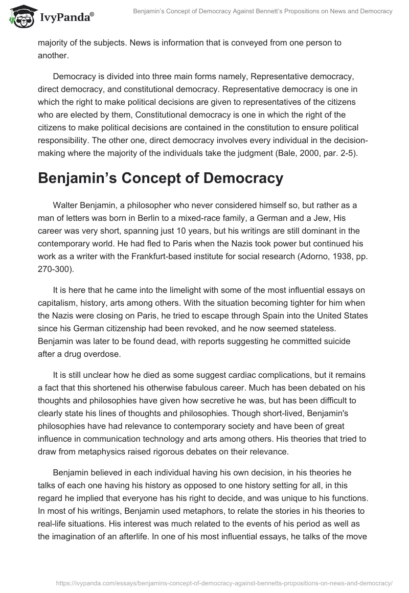 Benjamin’s Concept of Democracy Against Bennett’s Propositions on News and Democracy. Page 2