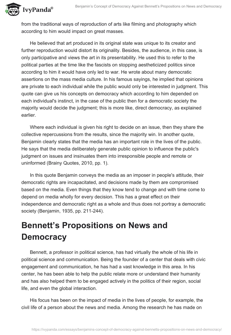 Benjamin’s Concept of Democracy Against Bennett’s Propositions on News and Democracy. Page 3