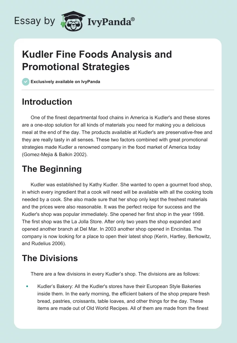 Kudler Fine Foods Analysis and Promotional Strategies. Page 1
