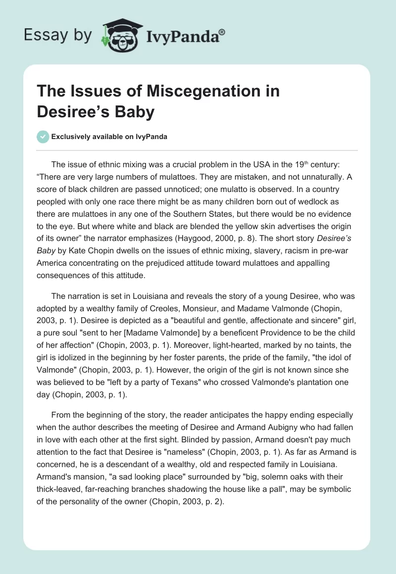 The Issues of Miscegenation in Desiree’s Baby. Page 1