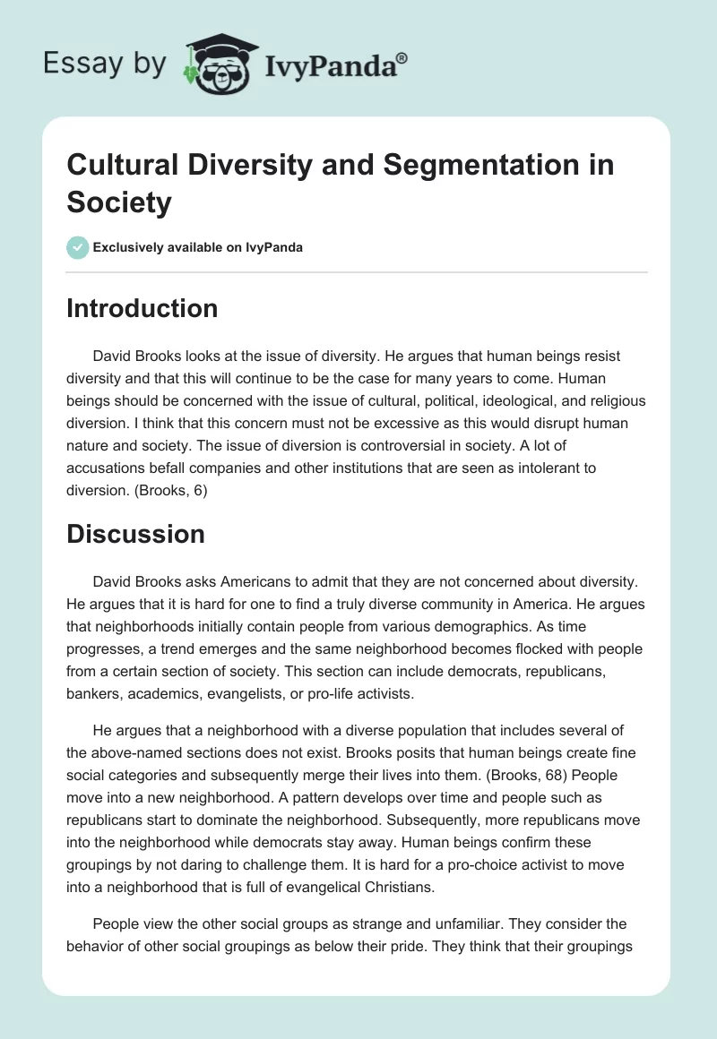 Cultural Diversity and Segmentation in Society. Page 1