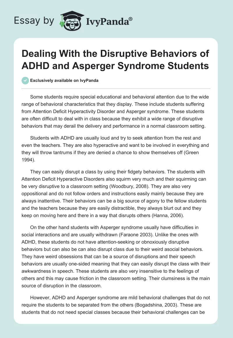 Dealing With the Disruptive Behaviors of ADHD and Asperger Syndrome Students. Page 1
