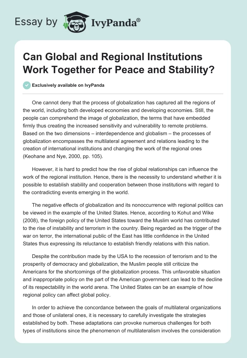 Can Global and Regional Institutions Work Together for Peace and Stability?. Page 1
