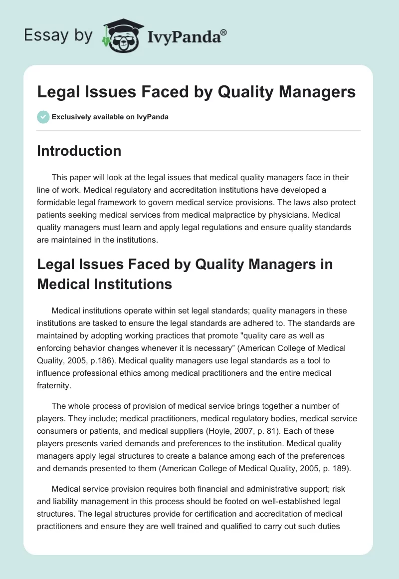 Legal Issues Faced by Quality Managers. Page 1