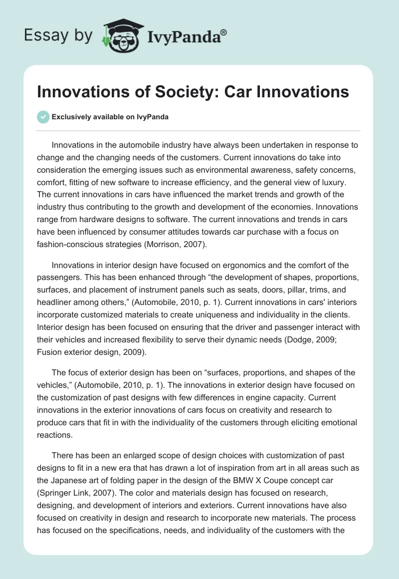 Innovations of Society: Car Innovations. Page 1