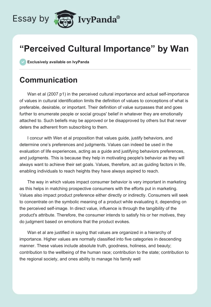 “Perceived Cultural Importance” by Wan. Page 1