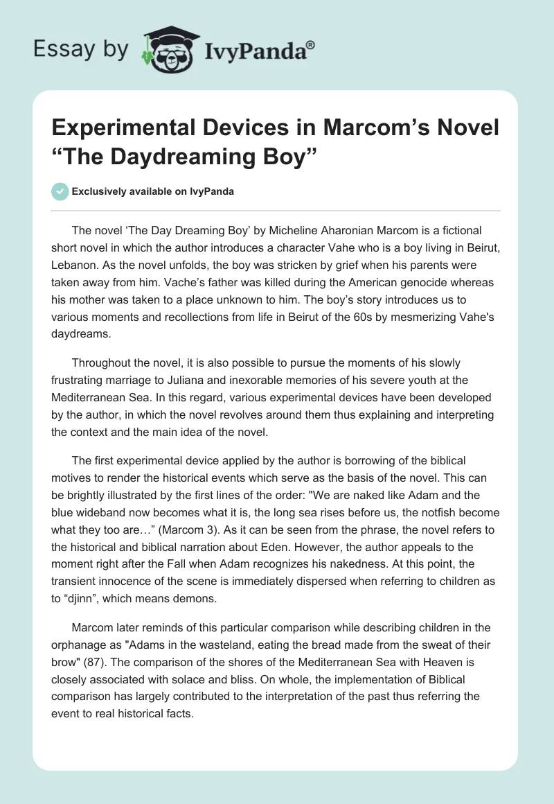 Experimental Devices in Marcom’s Novel “The Daydreaming Boy”. Page 1