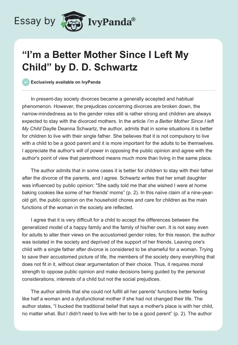 “I’m a Better Mother Since I Left My Child” by D. D. Schwartz. Page 1